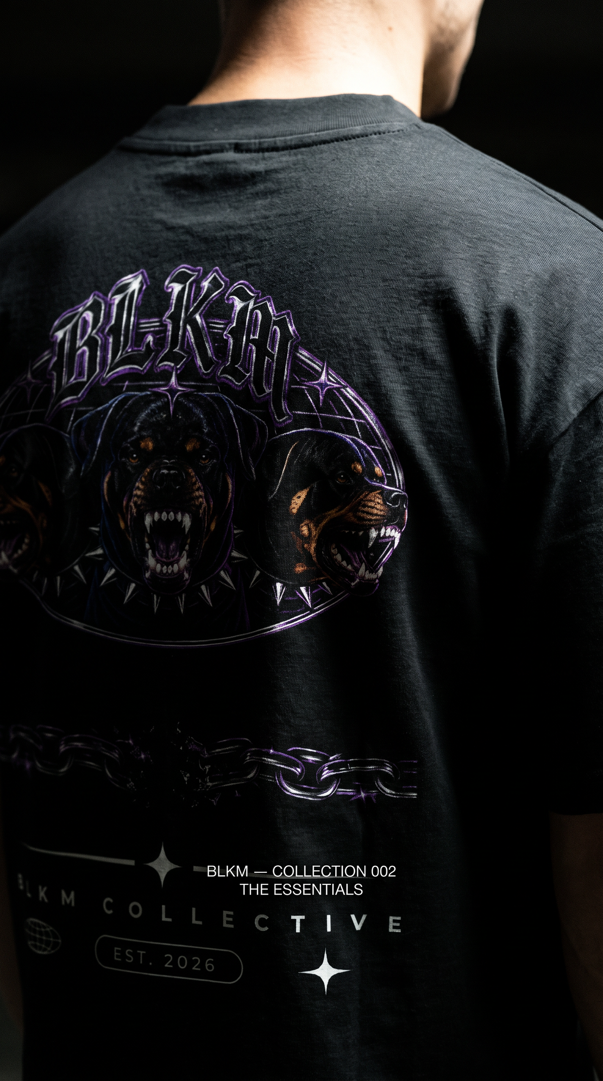 A close-up of a person's back wearing a black t-shirt with a large graphic print on the back. The graphic features a stylized purple and orange wolf head design with the text 'BLKM' and 'BLKM COLLECTIVE EST.