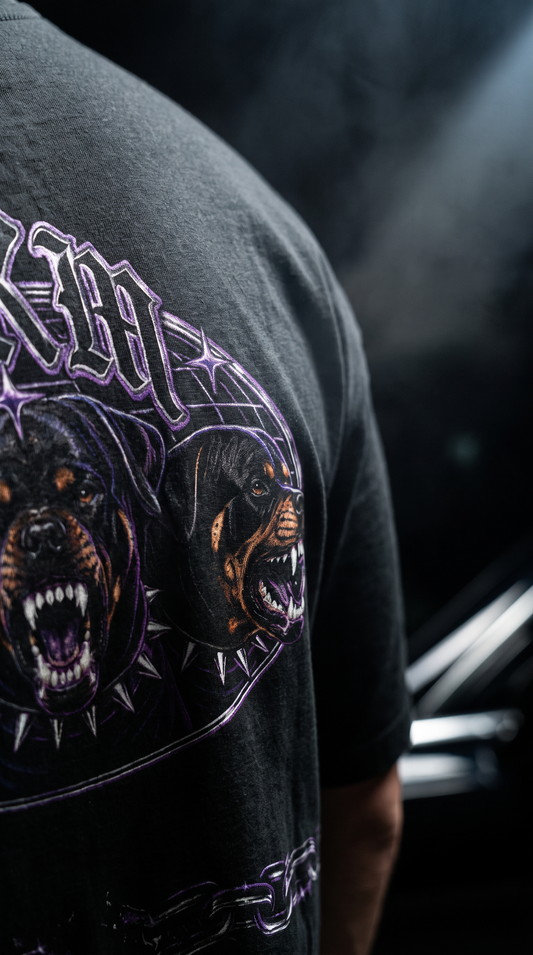 Close-up of a person wearing a black graphic t-shirt featuring a large purple and brown Rottweiler dog design with the word 'KORN' in a stylized font.