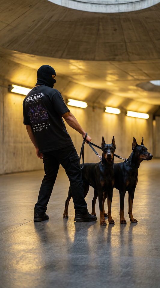 A man wearing a black balaclava and black t-shirt walks with two Doberman dogs on a leash in a concrete tunnel with warm overhead lights.